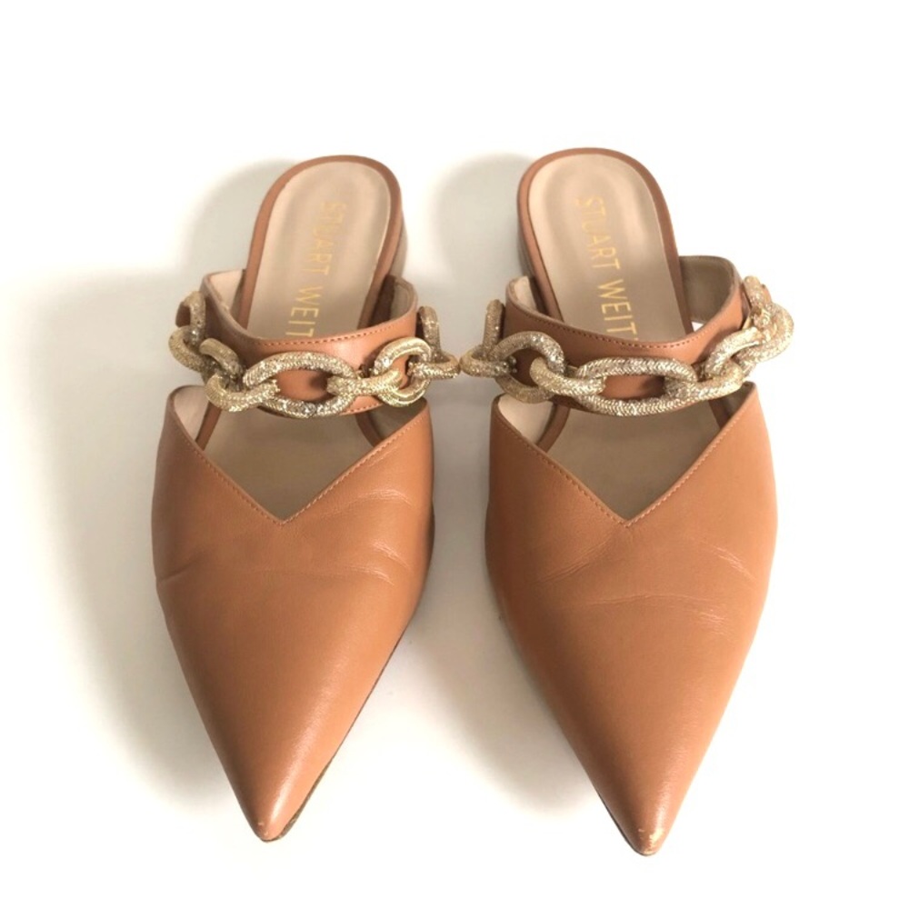Stuart Weitzman Khole Brown Pointed Toe Crystal Chain Strap Flate Mule